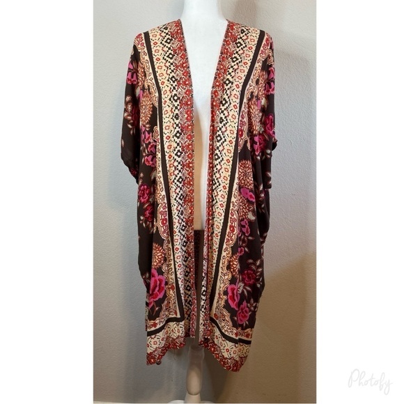 Angie Accessories - Angie Floral Print Kimono Cover Up Open Front Boho Beach Lightweight Size MED